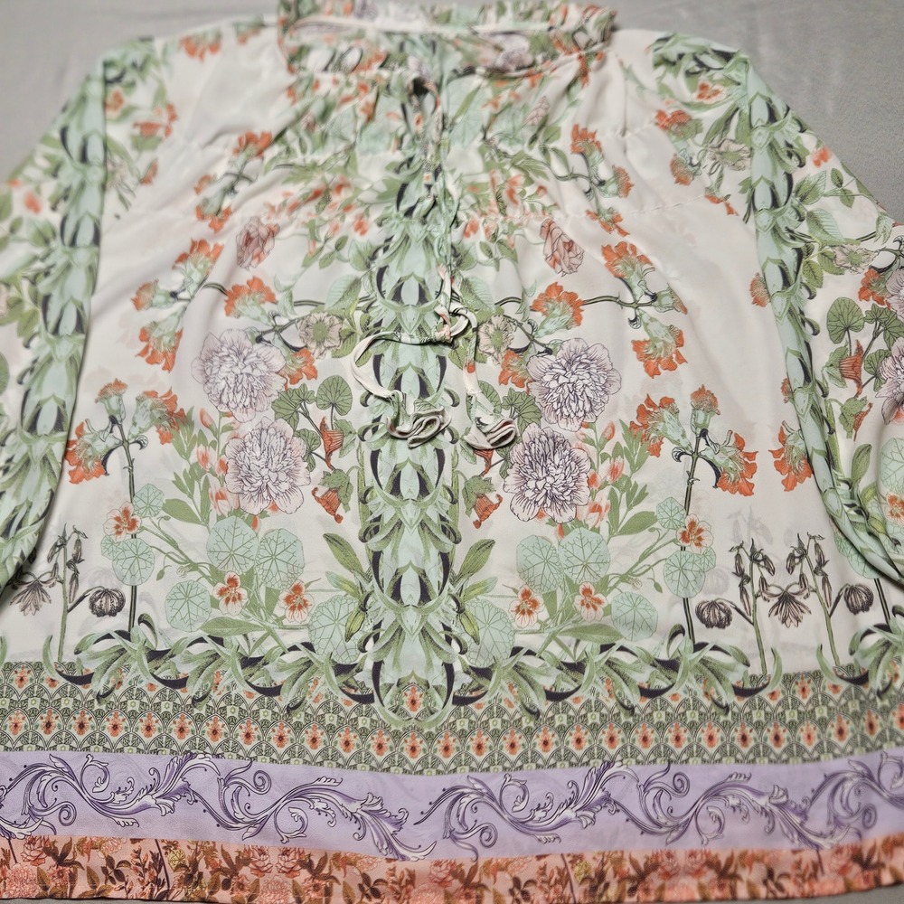 Cynthia Rowley Floral Blouse Womens 2X White Green Pink Balloon Sleeve Botanical